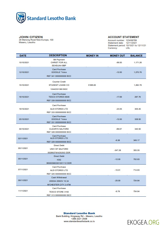 Relevé bancaire standard du Lesotho